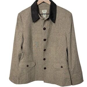 LL Bean Field Coat Barn Jacket Women 16‎ Brown Wool Blend Suede Collar Preppy